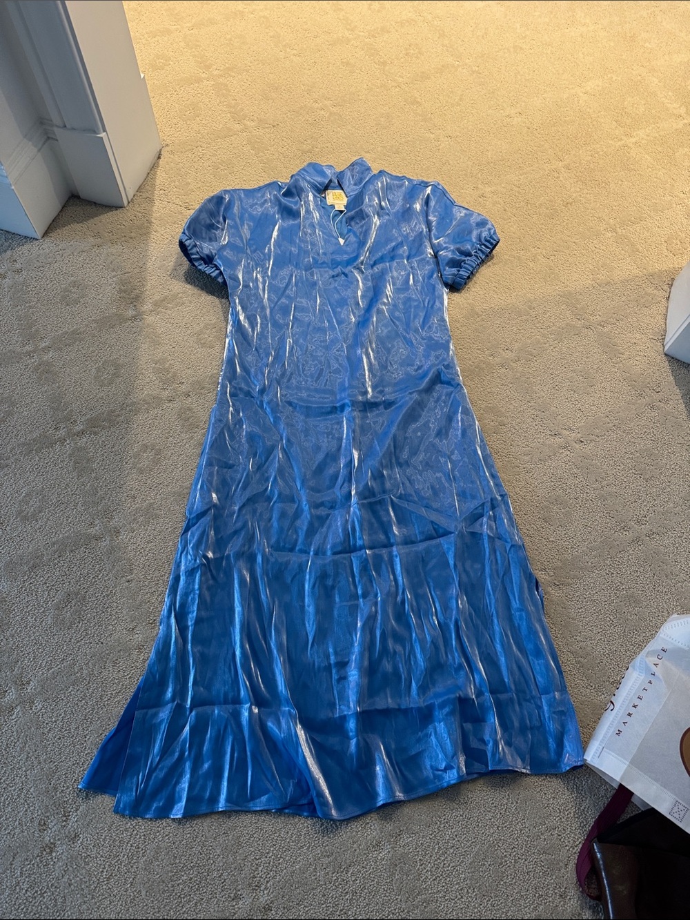Glossy Blue Maxi Dress with Short Puff Sleeves